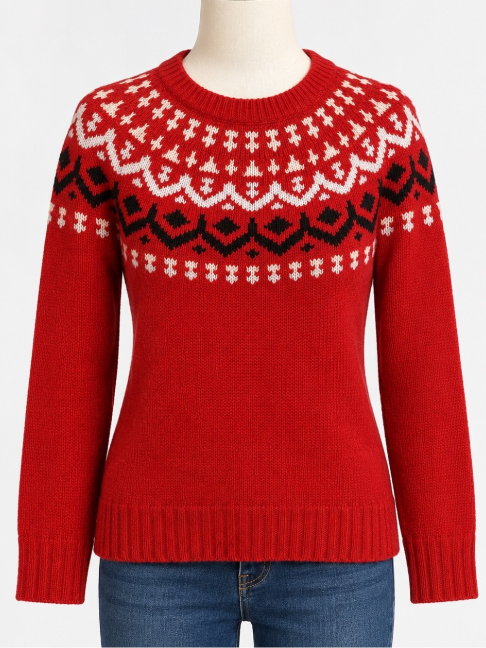 J.Crew Red Fair Isle Nordic Knit Merino Wool Blend Sweater Size Small